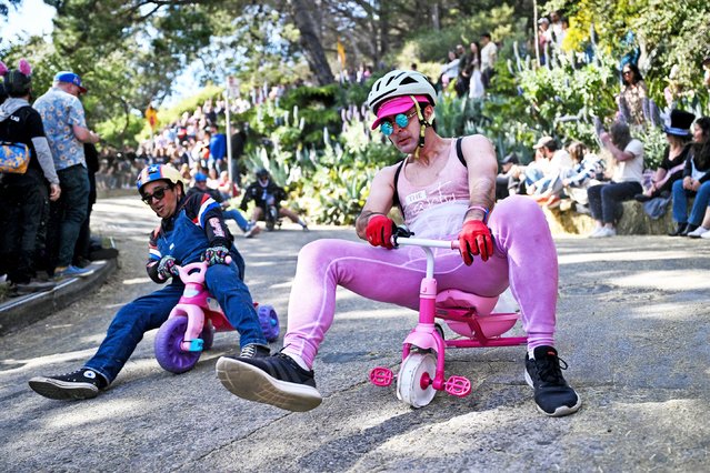 Dozens of contestants attend the “Bring Your Own Big Wheel” Race on Easter Sunday at Potrero Hill in San Francisco, California, United States on April 20, 2025. (Photo by Tayfun Coskun/Anadolu via Getty Images)
