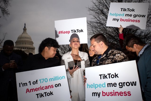 TikTok supporters gather near the US Capitol in Washington, DC, on Wednesday, March 13, 2024. The House voted with bipartisan, overwhelming fashion to pass a bill that could lead to a nationwide ban against TikTok, a major challenge to one of the world's most popular social media apps. The bill would prohibit TikTok from US app stores unless the social media platform – used by roughly 170 million Americans – is spun off from its Chinese parent company, ByteDance. It's not yet clear what the future of the bill will be in the Senate. (Photo by Kent Nishimura/The New York Times/Redux)