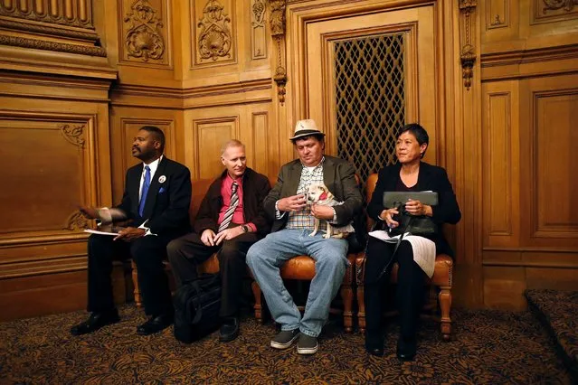Frida, a female Chihuahua, sits in the Board of Supervisors Chambers with owner Dean Clark (2nd R) before the San Francisco Board of Supervisors issues a special commendation naming Frida “Mayor of San Francisco for a Day” in San Francisco, California November 18, 2014. (Photo by Stephen Lam/Reuters)
