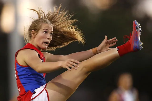 Eden Zanker of the Demons kicks the ball during the 2020 AFLW Round 03 match between the St Kilda Saints and the Melbourne Demons at RSEA Park on February 21, 2020 in Melbourne, Australia. (Photo by Dylan Burns/AFL Photos via Getty Images)