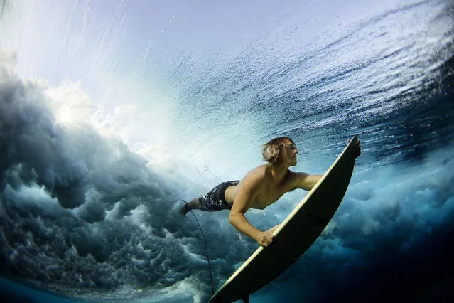 “Merit Winner: Underwater Surf”. Taken at Cloud Break at an outer reef in Fiji, a surfer duck dives his board to clear the rolling waves of the raw ocean. Location: Cloudbreak, Fiji, Pacific Ocean. (Photo and caption by Lucia Griggi/National Geographic Traveler Photo Contest)