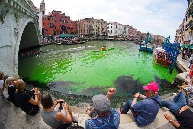 A photo taken and made available on May 28, 2023 by Italian news agency Ansa, shows fluorescent green waters below the Rialto Bridge in Venice's Grand Canal. The prefect called an urgent meeting on May 28 with the police to investigate the origin of the liquid, as gondoliers were getting lost in conjectures about the color's origin. (Photo by ANSA via AFP Photo)