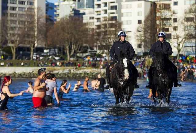 Vancouver Police ride their horses while watching participants run into English Bay during the 96th annual New Year's Day Polar Bear Swim in Vancouver, British Columbia January 1, 2016. (Photo by Ben Nelms/Reuters)