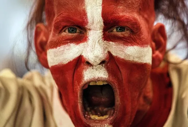 A Danish supporter shouts prior the group A Hockey World Championship match between Denmark and Kazakhstan in Helsinki, Finland, Saturday May 14, 2022. (Photo by Martin Meissner/AP Photo)