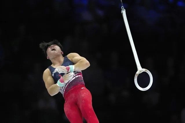 United States' Asher Hong competes on the rings during the Artistic Gymnastics World Championships in Antwerp, Belgium, Tuesday, October 3, 2023. (Photo by Virginia Mayo/AP Photo)