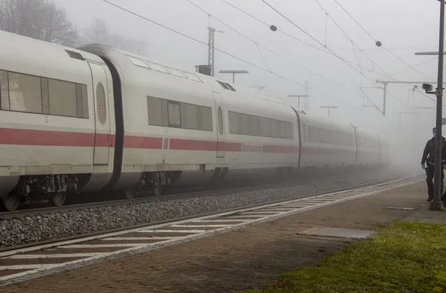 An ICE train stands at the station in Seubersdorf, southern Germany, Saturday, November 6, 2021. There has been a knife attack in the ICE between Regensburg and Nuremberg. Several people were injured, according to police. A man was arrested. (Photo by Vifogra/dpa via AP Photo)