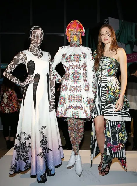 Models pose wearing designs by Miguel Moyano & Alex Polo at the Epson Digital Couture Presentation February 2017 during New York Fashion Week at IAC Building on February 7, 2017 in New York City. (Photo by Monica Schipper/Getty Images)
