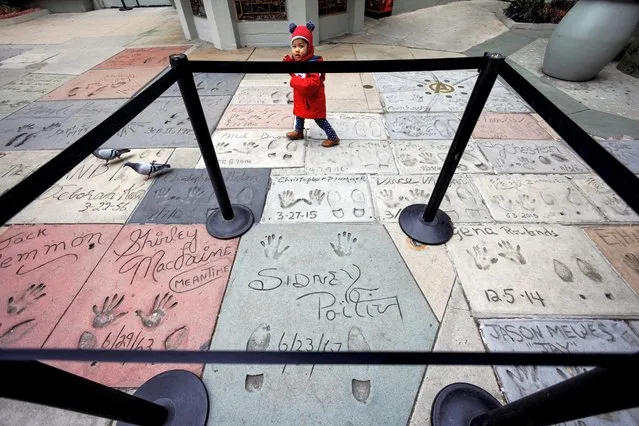 A child chases pigeons past Sidney Poitier's hand and foot prints in cement outside the famous TCL Chinese Theatre on Hollywood Blvd in Los Angeles, California, U.S., January 7, 2022. (Photo by Mike Blake/Reuters)