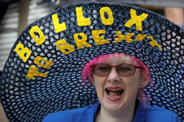A protester wearing a wide-brimmed hat attends the anti-Brexit “No to Boris, Yes to Europe” march in London, Britain, July 20, 2019. (Photo by Kevin Coombs/Reuters)