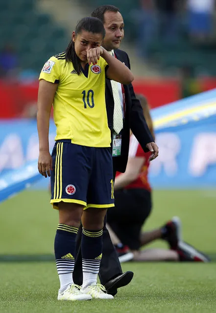 Colombia midfielder Yoreli Rincon (10) reacts after losing to the United States in Edmonton, June 22, 2015. (Photo by Michael Chow/USA TODAY Sports)