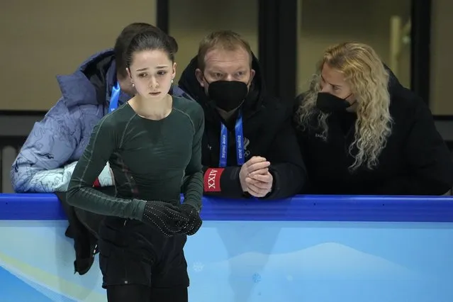 Kamila Valieva, of the Russian Olympic Committee, trains at the 2022 Winter Olympics, Thursday, February 10, 2022, in Beijing. Valieva is at the center of the biggest doping story of the Beijing Games after the Russian newspaper RBC reported that the figure skater tested positive for a banned heart medication before the Olympics. Valieva is a “protected person” according to the World Anti-Doping Code, which includes athletes who have not yet turned 16 at the time of a doping violation. (Photo by Jeff Roberson/AP Photo)