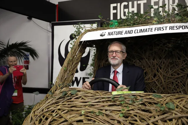 Labour Party Leader Jeremy Corbyn sits in a wicker car at the WWF stand on the third day of the Labour Party conference on September 23, 2019 in Brighton, England. Labour Conference will debate and vote on their Brexit position this afternoon pitting Jeremy Corbyn's neutral stance against the party membership's wish to Remain in the UK. Labour Conference returns to Brighton this year against a backdrop of Brexit Chaos. (Photo by Dan Kitwood/Getty Images)
