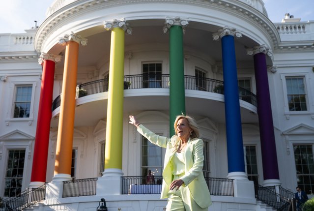 US First Lady Jill Biden waves as she arrives to speak during a White House Pride Month celebration on the South Lawn of the White House in Washington DC, June 26, 2024, to showcase the contributions of the LGBTQI+ community. (Photo by Saul Loeb/AFP Photo)