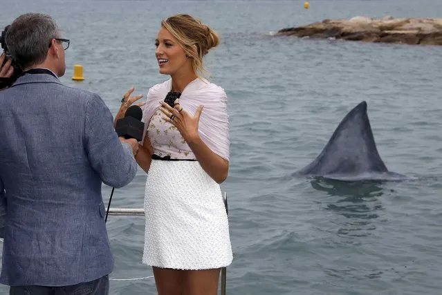 A mock shark fin is seen in the sea while cast member Blake Lively speaks to journalists after a photocall for the film “The Shallows” at the 69th Cannes Film Festival in Cannes, France, May 13, 2016. (Photo by Eric Gaillard/Reuters)