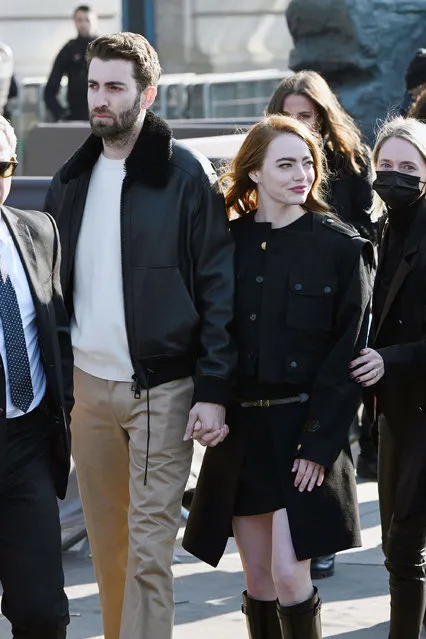 Emma Stone and husband Dave McCary are spotted on a rare outing together in Paris on March 7, 2022. The 33 year old American actress wore a black jacket, matching skirt, and boots. (Photo by The Image Direct)