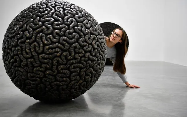 A gallery assistant poses with the artwork “Dark Matter” by Palestinian artist Mona Hatoum as part of a multi-artist show at the White Cube Bermondsey in Lon​don, Britain, 11 September 2019. The exhibition runs from 12 September to 03 November. (Photo by Neil Hall/EPA/EFE)
