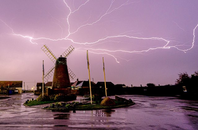 Picture dated May 2nd, 2024 shows lightning by Medmerry Mill, Selsey, in West Sussex, UK in the early hours of Thursday as thunder storms swept the south of the country. (Photo by Bav Media)