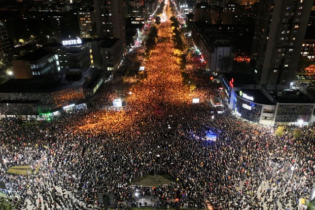 A drone view shows people during a protest over an accident at a railway station in the Serbian city of Novi Sad, for which they blame negligence and corruption by the authorities, in Novi Sad, Serbia on November 5, 2024. (Photo by Fedja Grulovic/Reuters)