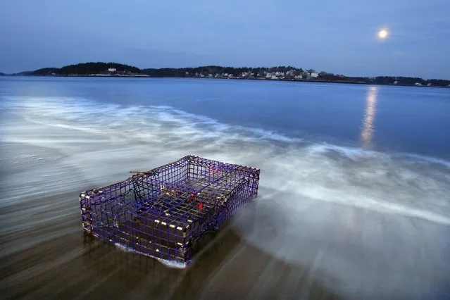 The tide pulls at a beached lobster trap as a nearly full moon rises at Popham Beach in Phippsburg, Maine, in this five-second time exposure, Friday evening, December 9, 2011. (Photo by Robert F. Bukaty/AP Photo)