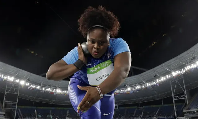 United States' Michelle Carter competes in the final of the women's shot put during the athletics competitions of the 2016 Summer Olympics at the Olympic stadium in Rio de Janeiro, Brazil, Friday, August 12, 2016. (Photo by Matt Dunham/AP Photo)