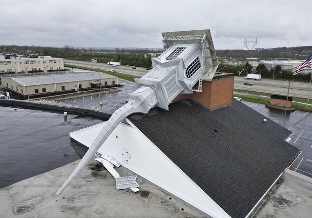 Weekend storms that toppled the steeple at Grace Baptist Church in Franklin, Ohio, is seen Monday, March 31, 2025. (Photo by Nick Graham/Dayton Daily News via AP Photo(
