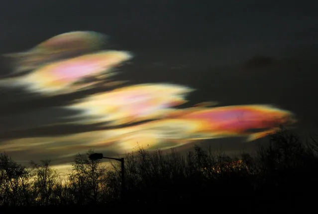Polar stratospheric clouds by Alan Tough. “In late January, early February 2016, unusually cold Arctic stratospheric air reached down as far as the UK. This triggered sightings of rare and beautiful Polar Stratospheric (Nacreous) Clouds (PSCs). I had to go down to Alloa for a course and took an old compact digital camera with me, just in case any displays were visible from that part of the country. PSCs have a sinister side, though: chemical reactions on the surface of the clouds destroy ozone”. (Photo by Alan Tough/Weather Photographer of the Year 2016)