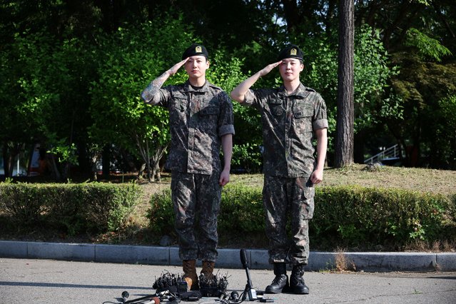 BTS members Jungkook and Jimin pose for photographs during an event after being discharged from South Korea’s mandatory military service, in Yeoncheon, South Korea, on June 11, 2025. (Photo by Kim Hong-Ji/Reuters)