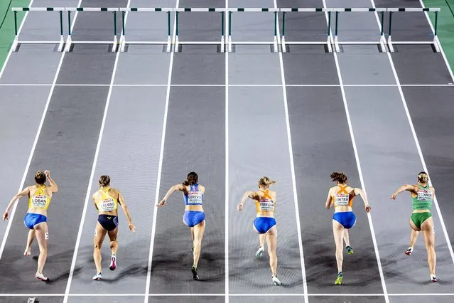 (L-R) Yulia Loban of Ukraine, Bianca Salming of Belgium, Sveva Gerevini of Italy, Marijke Esselnik and Sofie Doktor of the Netherlands, and Kate O'Connor of Ireland compete in a Women's 60 meters Pentathlon heat at the European Athletics Indoor Championships 2023 at the Atakoy Athletics Arena in Istanbul, Turkey 03 March 2023. (Photo by Michael Buholzer/EPA)