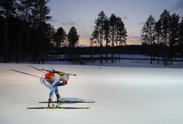 Finland's Kaisa Makarainen competes during the Biathlon women's World Cup 12.5km mass start event, in Tyumen, Russia, Sunday, March 25, 2018. (Photo by Sergei Grits/AP Photo)