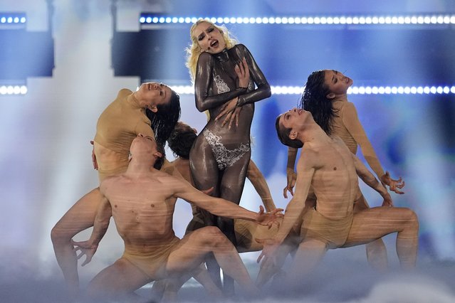 Raiven of Slovenia performs the song Veronika during the Grand Final of the Eurovision Song Contest in Malmo, Sweden, Saturday, May 11, 2024. (Photo by Martin Meissner/AP Photo)