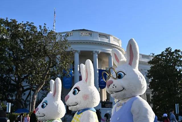 The Easter bunnies prepare to go on live TV during the 2023 White House Easter Egg Roll at the White House on April 10, 2023 in Washington, D.C. (Photo by Ricky Carioti/The Washington Post)