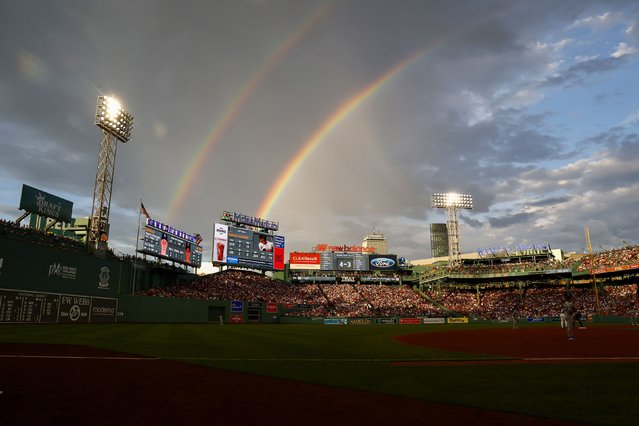 A double rainbow is seen over Fenway Park during the first inning of the game between the Boston Red Sox and the Los Angeles Dodgers on July 25, 2025 in Boston, Massachusetts. (Photo By Winslow Townson/Getty Images)