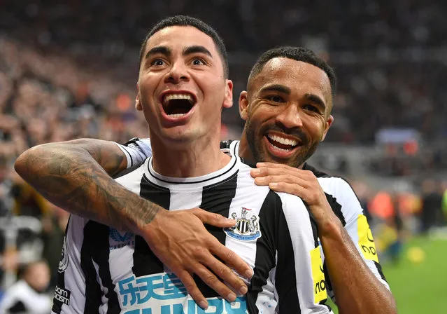 Goalscorer Miguel Almiron celebrates after scoring the fourth Newcastle goal with Callum Wilson (r) during the Premier League match between Newcastle United and Aston Villa at St. James Park on October 29, 2022 in Newcastle upon Tyne, England. (Photo by Stu Forster/Getty Images)