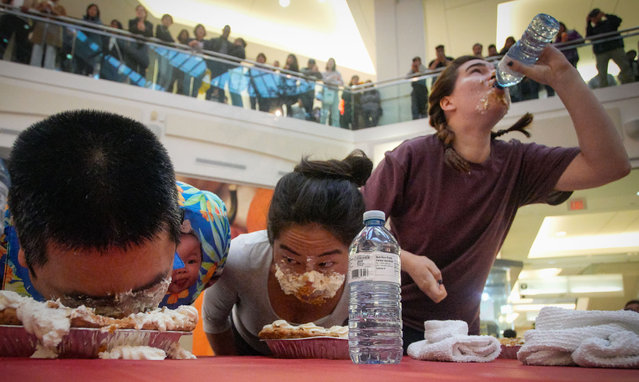 People compete during the pumpkin pie eating contest at Metrotown Shopping Mall in Burnaby, British Columbia, Canada, October 19, 2024. The competition required participants to finish as much of a 2-pound pie as possible in 5 minutes without using their hands. (Photo by Xinhua News Agency/Rex Features/Shutterstock)