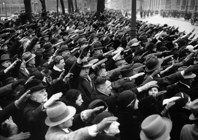 On occasion of the first anniversary of Adolf Hitler's government, an enormous crowd gathered in the Wilhelmstrasse and shouted to the chancellor in Berlin, Germany on February 9, 1934. (Photo by AP Photo)