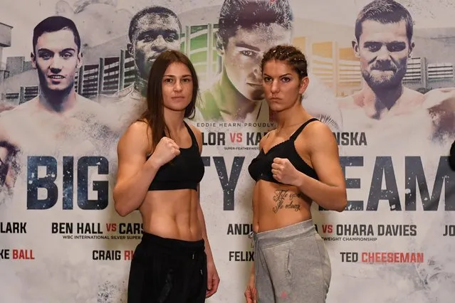 Katie Taylor and Karina Kopinska square off, in the company of promoter Eddie Hearn, during the official weigh-in at the Hilton London Wembley Hotel prior to the Big City Dreams boxing event at the Wembley Arena in London, England on November 25, 2016. (Photo by Tony O'Brien/Reuters/Action Images/Livepic)