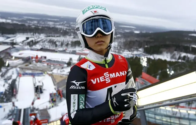 Sara Takanashi of Japan prepares for a training session of the women's Individual normal hill HS100 ski jumping at the Nordic World Ski Championships in Falun February 18, 2015. (Photo by Kai Pfaffenbach/Reuters)