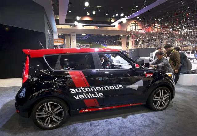 A Kia Soul EV autonomous vehicle is displayed during the 2016 CES trade show in Las Vegas, Nevada January 8, 2016. (Photo by Steve Marcus/Reuters)