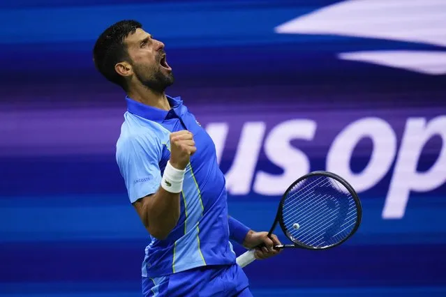 Novak Djokovic, of Serbia, reacts during a match against Laslo Djere, of Serbia, during the third round of the U.S. Open tennis championships, Saturday, September 2, 2023, in New York. (Photo by Frank Franklin II/AP Photo)