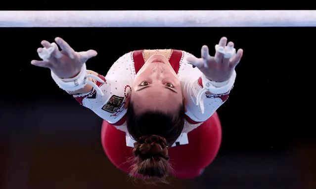 Pauline Schaefer-Betz of Team Germany competes on uneven bars during Women's Qualification on day two of the Tokyo 2020 Olympic Games at Ariake Gymnastics Centre on July 25, 2021 in Tokyo, Japan. (Photo by Ezra Shaw/Getty Images)
