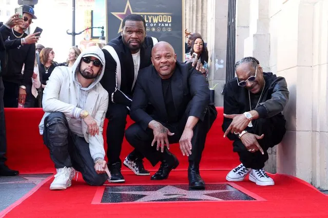 Eminem, Curtis “50 Cent” Jackson, and Snoop Dogg pose with Dr. Dre during the unveiling ceremony of his star on the Hollywood Walk of Fame in Los Angeles, California, U.S., March 19, 2024. (Photo by Mario Anzuoni/Reuters)