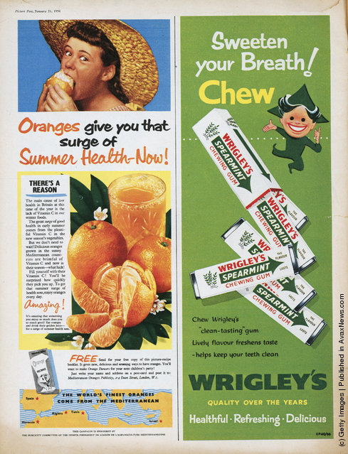 Two magazine advertisements, one for Mediterranean Oranges, with the slogan 'Oranges give you that surge of Summer Health Now!', another for Wrigley's Gum with the slogan 'Sweeten your Breath! Chew Wrigleys'
