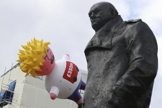 A blimp balloon depicting contender for leadership of Britain's ruling Conservative Party, Boris Johnson is launched outside Parliament, next to a statue of wartime leader Winston Churchill, during an anti-Brexit protest in London, Saturday July, 20, 2019. The pro-European march was organised by the March for Change group. Johnson is a leading Brexit advocate. (Photo by Aaron Chown/PA Wire via AP Photo)