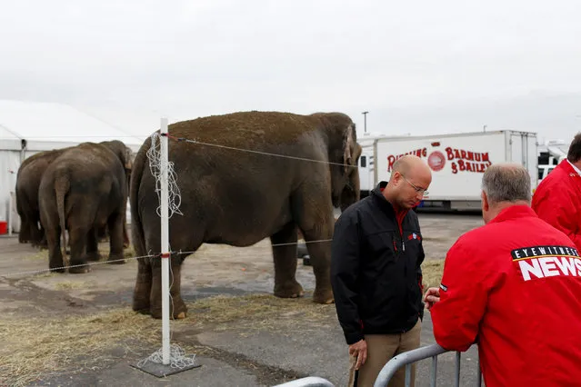 Senior Elephant Handler Ryan Henning speaks to media before Ringling Bros and Barnum & Bailey Circus' “Circus Extreme” show at the Mohegan Sun Arena at Casey Plaza in Wilkes-Barre, Pennsylvania, U.S., April 29, 2016. (Photo by Andrew Kelly/Reuters)