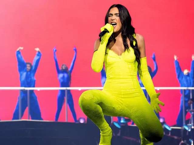 English singer and songwriter Dua Lipa performs onstage during the Dua Lipa Future Nostalgia Tour at FTX Arena on February 09, 2022 in Miami, Florida. (Photo by Jason Koerner/Getty Images)