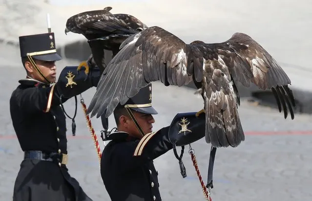 Mexican soldiers display birds of prey as the walk down the Champs-Elysees  avenue during Bastille Day parade Tuesday, July 14, 2015, in Paris, France. Mexico's President Enrique Pena Nieto is the guest of honor at this year's event marking France's biggest holiday. (Photo by Michel Euler/AP Photo)