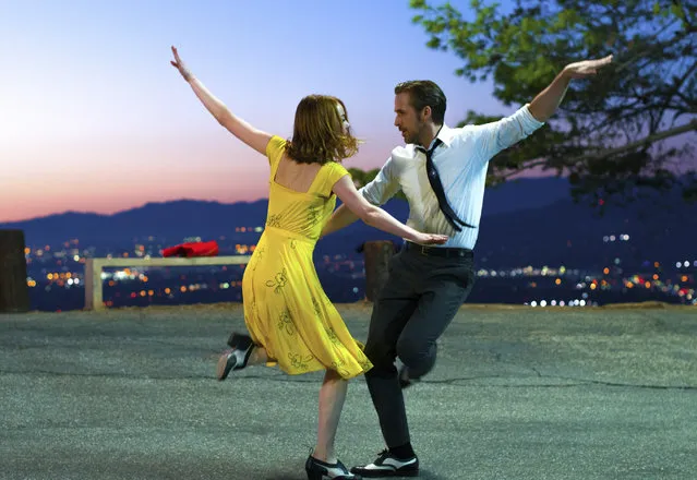 This image released by Lionsgate shows Ryan Gosling, right, and Emma Stone in a scene from, “La La Land”. The film is nominated for an Oscar for best picture. The 89th Academy Awards will take place on February 26. (Photo by Dale Robinette/Lionsgate via AP Photo)