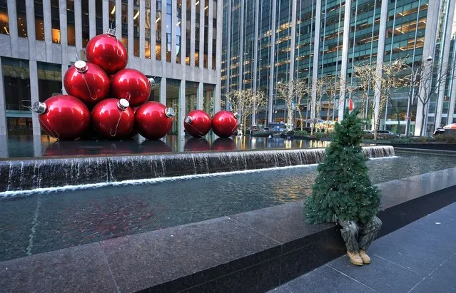 Sreet performer Thomas Liberto from Bel Air, Maryland, who goes by the social media name “Mr. Christmas Tree” sits by Christmas decorations around midtown New York on December 19, 2019. Mr. Christmas Tree aka Liberto, who begins the holiday season traveling from Maryland to NYC, has been walking around in festive costume for the last five years. (Photo by Timothy A. Clary/AFP Photo)