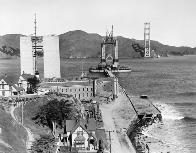 The Golden Gate Bridge under construction with the Pylon #1 and the North and South towers rising above Fort Point, San Francisco, California, April 1935. (Photo by Underwood Archives/Getty Images)
