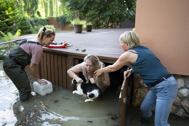 Women save a cat from floods in Szentendre, near Budapest, Hungary, as the Danube river flooded its banks on Thursday, September 19, 2024. (Photo by Denes Erdos/AP Photo)